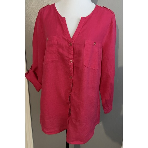 JM Collections Sz 14 Pink Linen Button Down Blouse Top 3/4 Sleeve Roll Tab Tunic - Picture 1 of 7